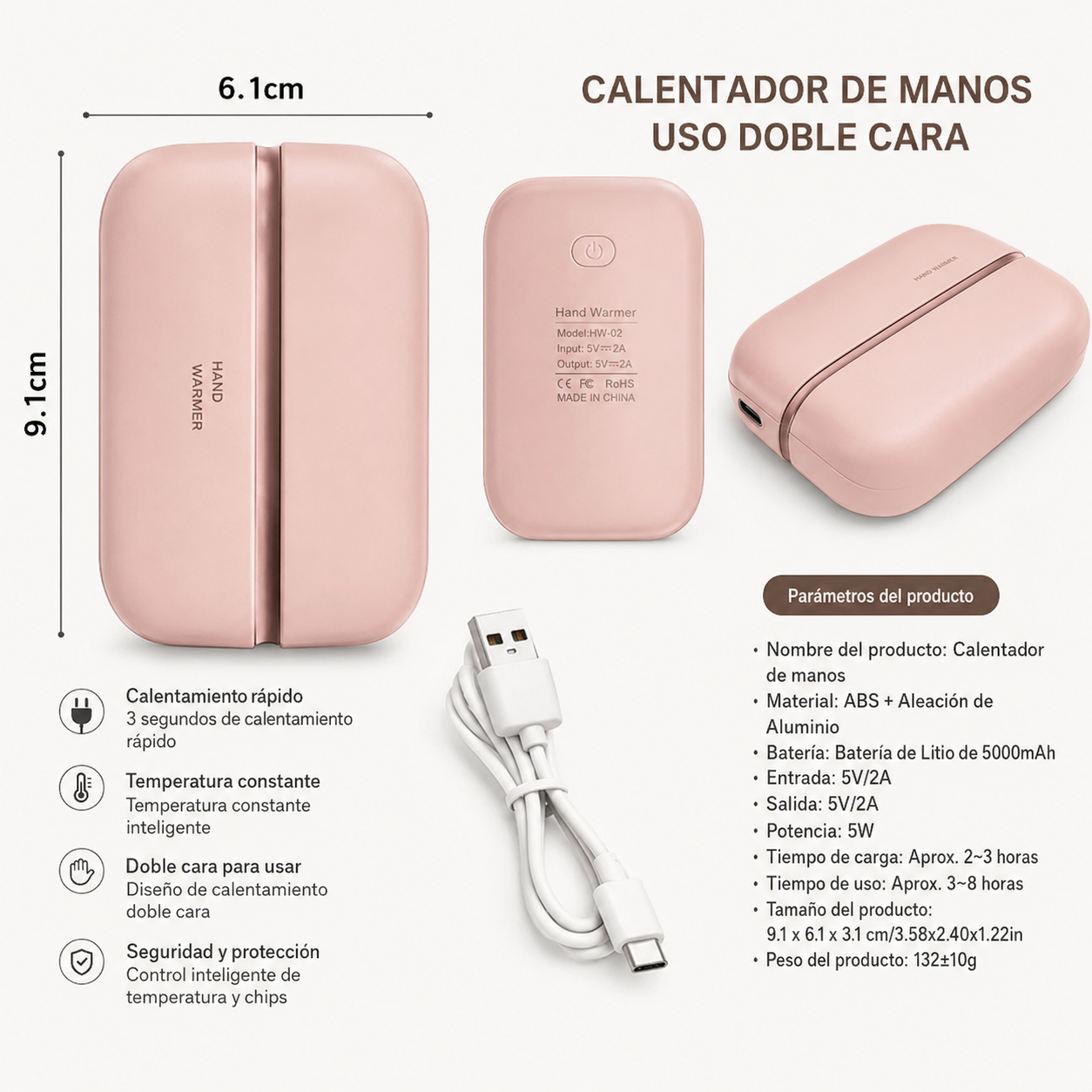 Calentador De Manos Magnético 2 En 1 Con Carga Usb Doble